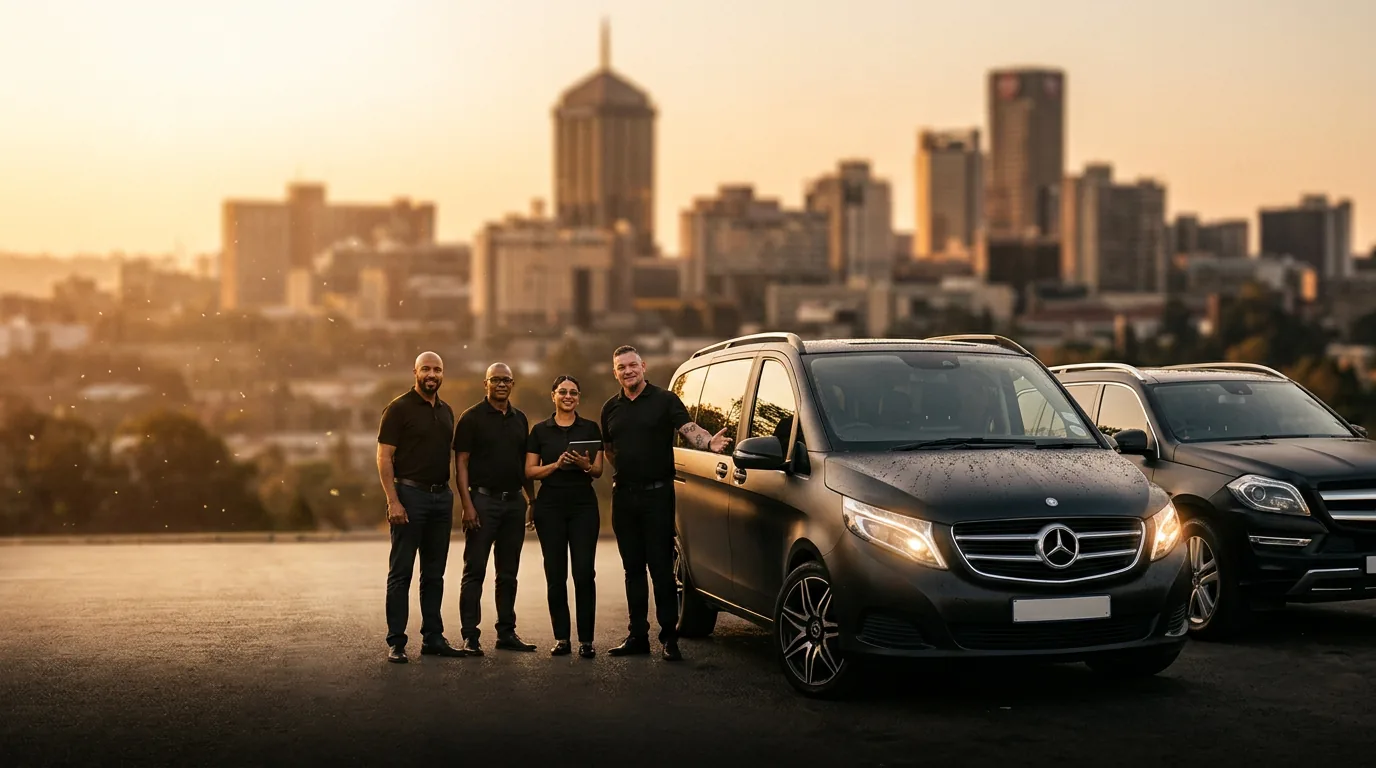 Private Johannesburg tours with Wanderer vehicles — team with Mercedes-Benz V-Class and GL SUV chauffeur fleet, Sandton skyline at golden hour